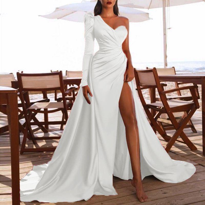 Sexy One Shoulder Evening Dress Silks and Satins Long One-Shoulder Trailing Banquet Evening Dress
