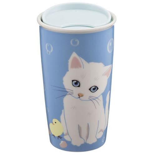 STARBUCKS Starbucks Double-Walled Tumbler Mug with Logo, Cat, and Kitten Design, PAUL&JOE Collaboration, 12 Fl Oz/355 Ml, Ceramic, Blue, Pastel, Coffe
