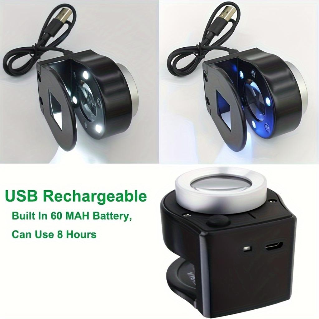 60X Coin Magnifier,Rechargeable 6 LED Metal Magnifier Glasses,USB Dual Power Portable Loupe For Jewelry Coin Stamp Textile Checking