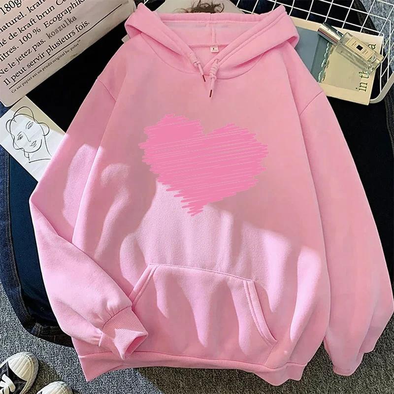 Pink Heart Printed Hoodie for Women Classic Hooded 2025 Autumn and Winter Hoodie Long Sleeve Female Causal Sporty Sweatshirts