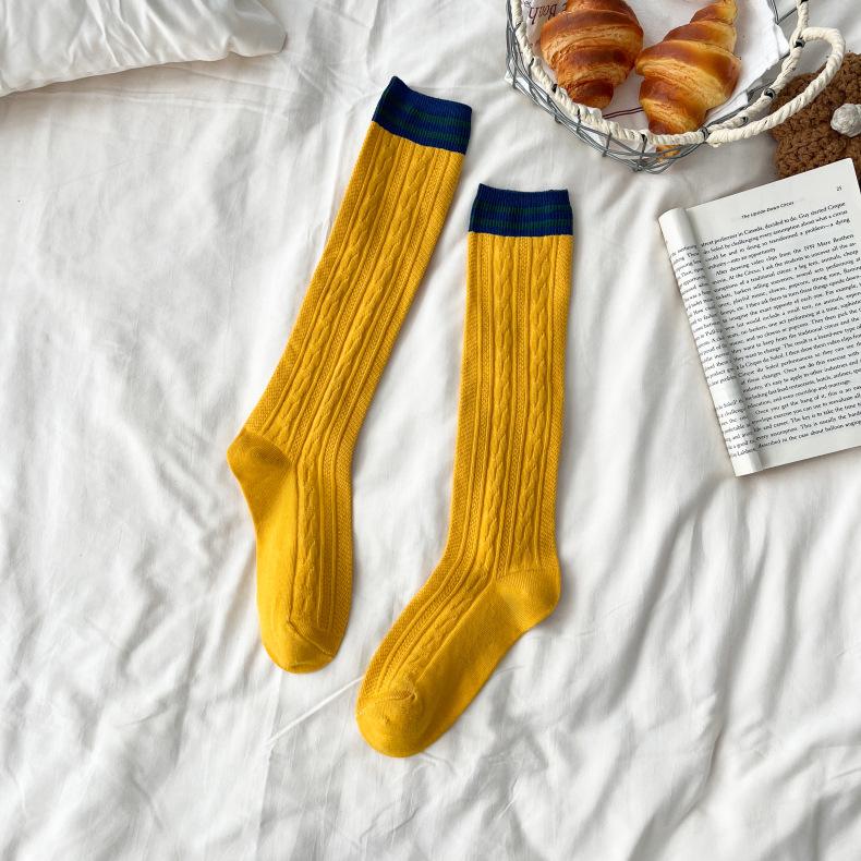 Meias de Cano Médio Listradas Coloridas de Algodão Penteado Agulha Dupla Femininas Meias Jk Até o Joelho Meias de Bezerro Estilo Faculdade Japonês