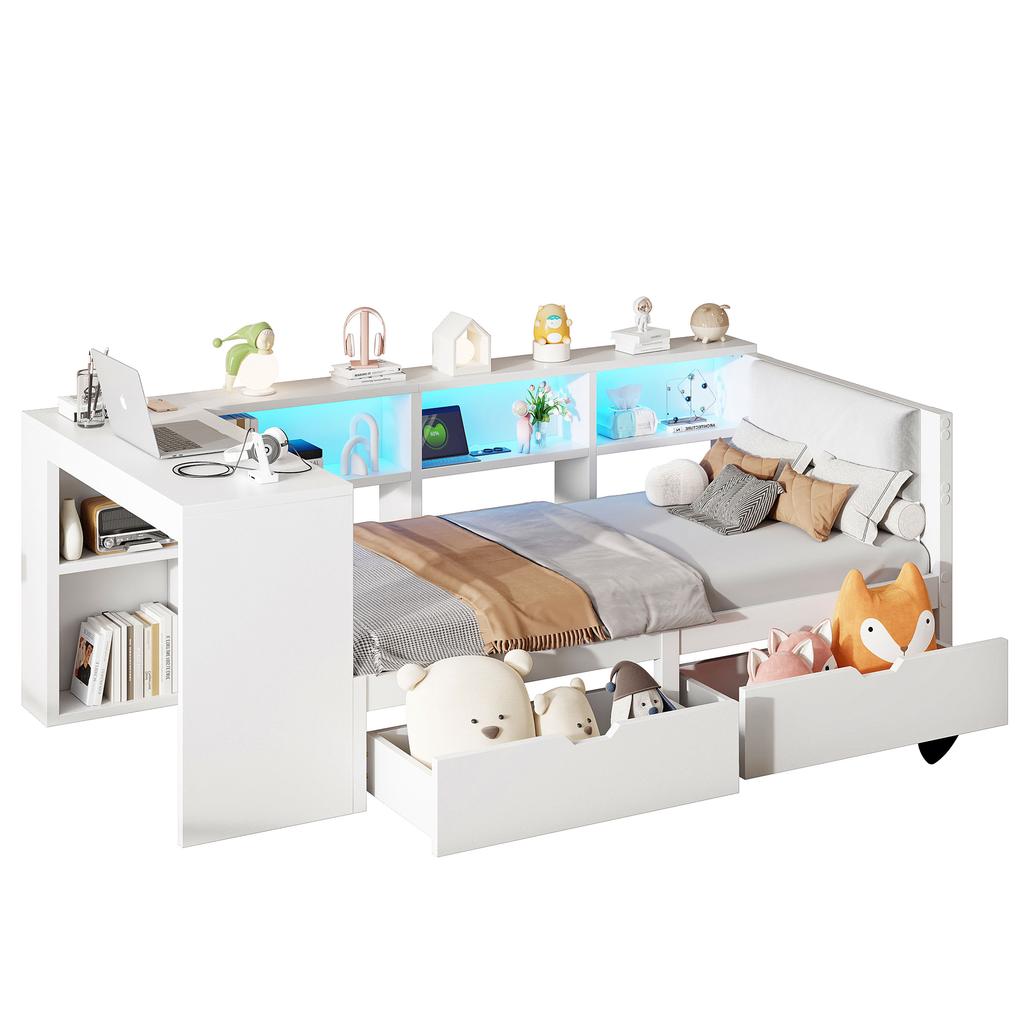 90x200 Wood Platform Bed with Shelves, Drawers, Charging Station and Upholstered Headboard, With Colorful LED Lights, White