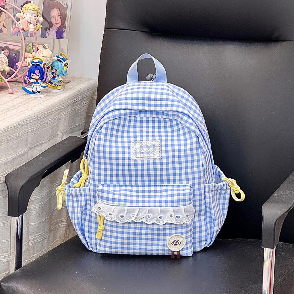 Schoolbag New Summer Lace Plaid Girl Children's Travel Backpack Primary School Bag Women's Spring Picnic Small Backpack