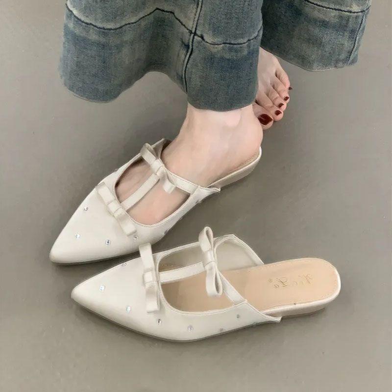 Gentle Fairy Bag Head Half Slippers Spring Fashion French Temperament Elegant Satin Bow Pointed Wedge Slippers