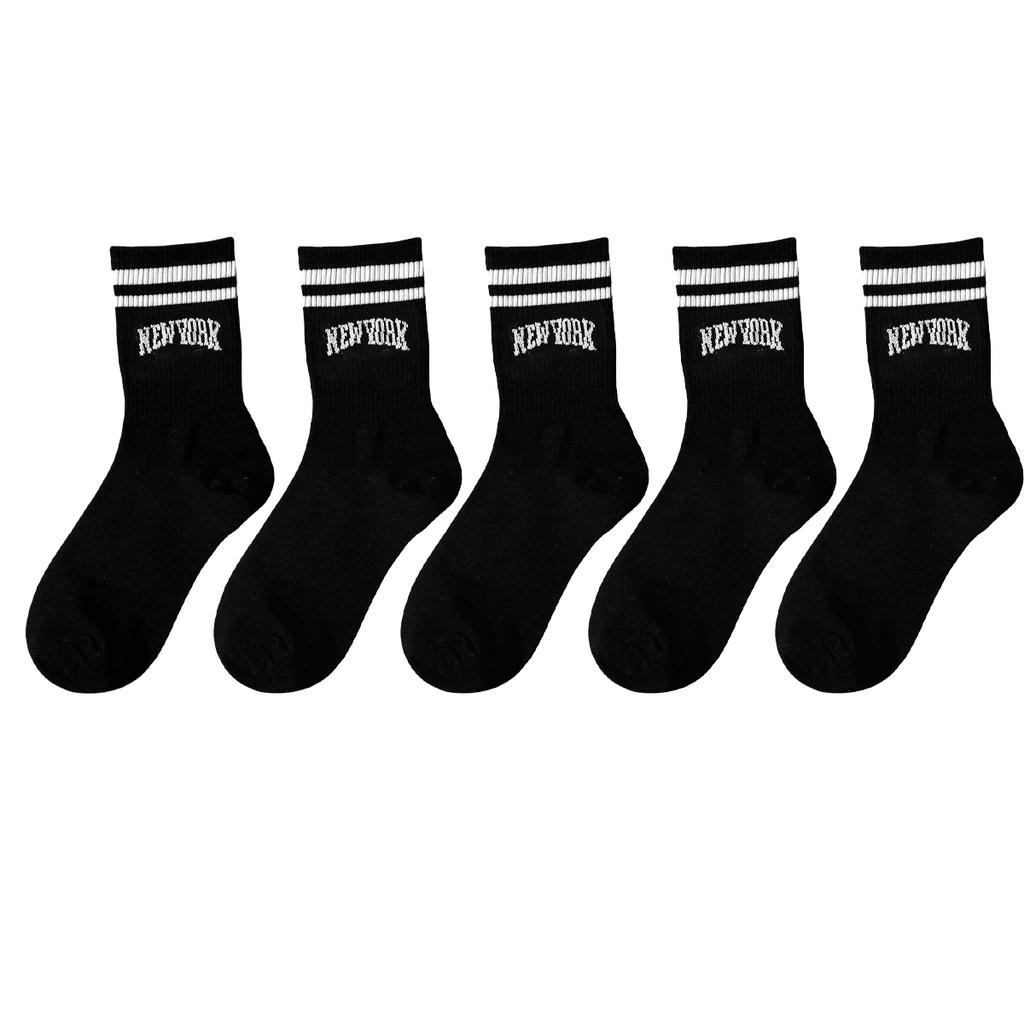 3/5/10 Paar Damen Crew-Socken, Schwarz mit Schriftzug "New York" und Streifen, Bequem, Atmungsaktiv, Feuchtigkeitstransportierend, College