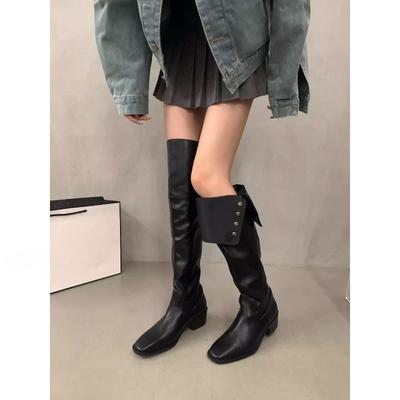 Retro Style Thick Heel Two Wear Fold Pile Boots Thin Western Cowboy Boots High Boots Early Autumn New Knight Boots Women