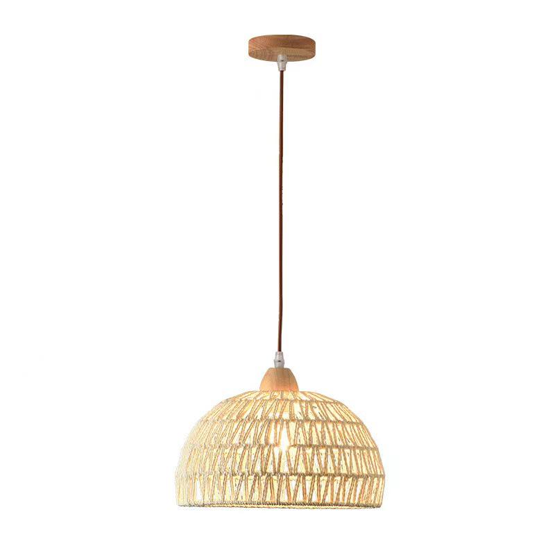 Solid Wood Pendant Light: Japanese Style Dining, Bar, Bedroom, Balcony, Retro Rattan Art, Cream Finish, Long Line Design.
