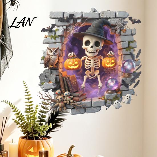 Black Cat Wall Stickers Halloween Stickers, 3D Broken Effect with Ghost Skeleton Pumpkin Bat Decals, Self-Adhesive Temporary Decorations Waterproof