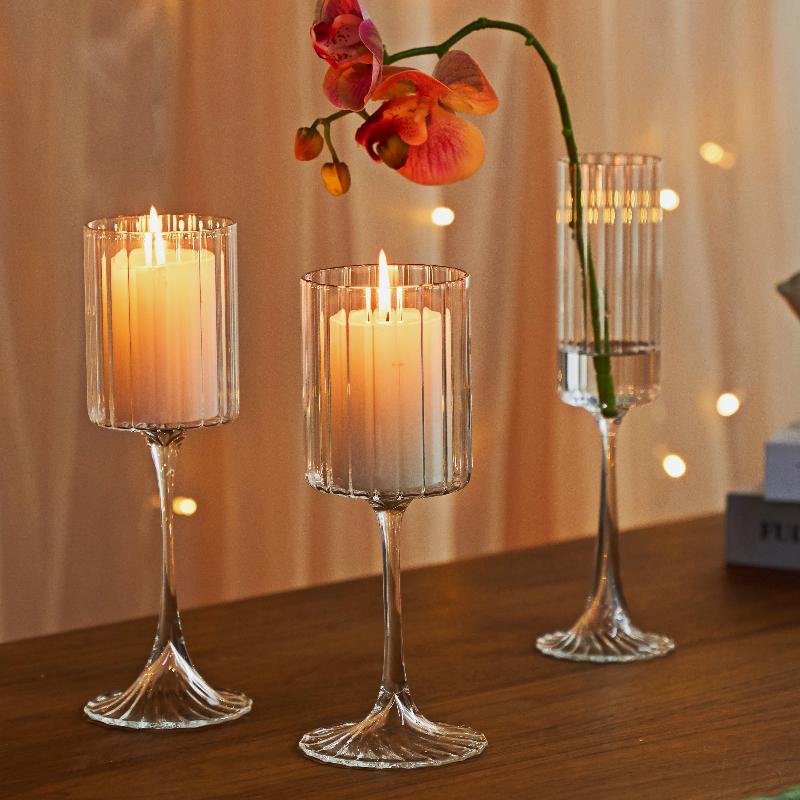 Heat Resistant Crystal Ribbed Glass Cup Goblet Wine Glasses Coffee Mug Champagne Drinkware for Wedding Decoration Candle Holders