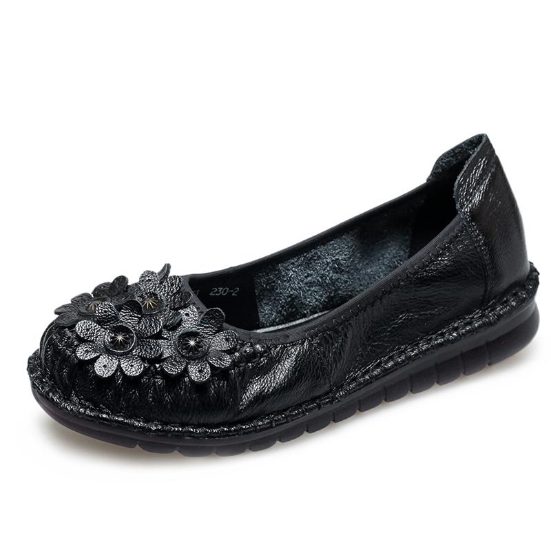 Fashion GKTINOO Women Loafers Genuine Leather Flat Heels Flower Round Toe Soft Solid Shoes Platform Ladies Shoes Zapatos De Mujer
