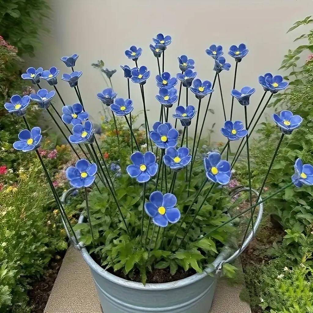 Blue Ceramic Forget-Me-Not Artificial Flowers, 14.56-Inch Fade-Resistant, for Indoor and Outdoor, Decorating Vases, Lawns