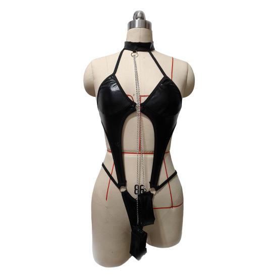 Women Sexy Bodysuit Low-cut Backless Sleeveless Lace Smooth Faux Leather Ring Hoop Decor