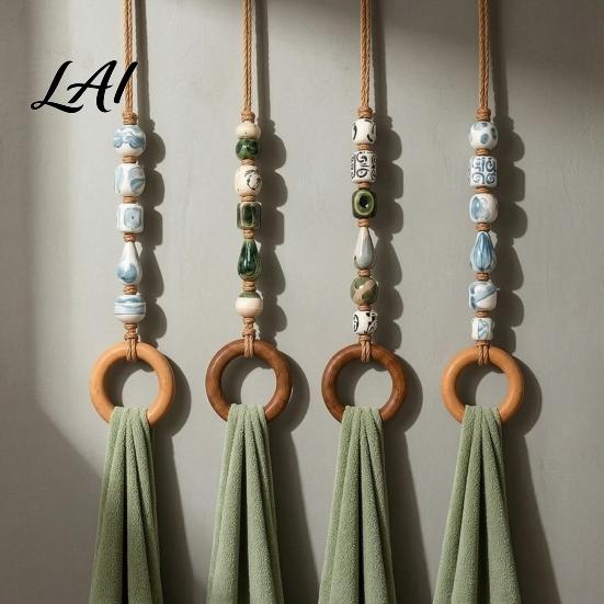 Versatile Towel Rack for Entryway Beaded Hanger with Wooden Ring Farmhouse Rustic Hand Holder Vintage Wall Mounted Storage Decorative Loop Bathroom