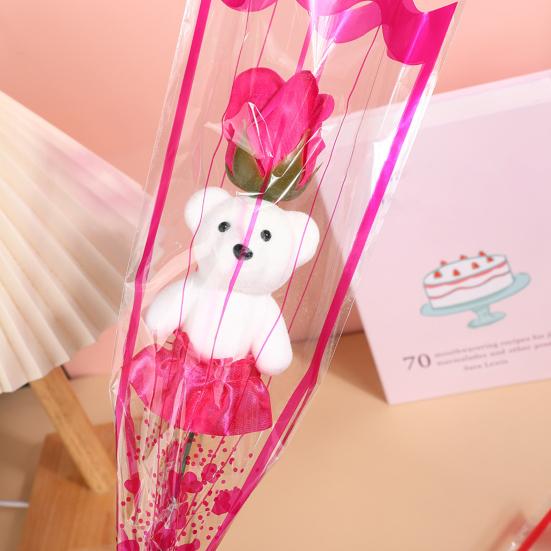 Cute Bear Rose Bouquet Transparent Packaging Bear Rose Bouquet Romantic Single Rose Bear Gift for Valentine Day Mother Day