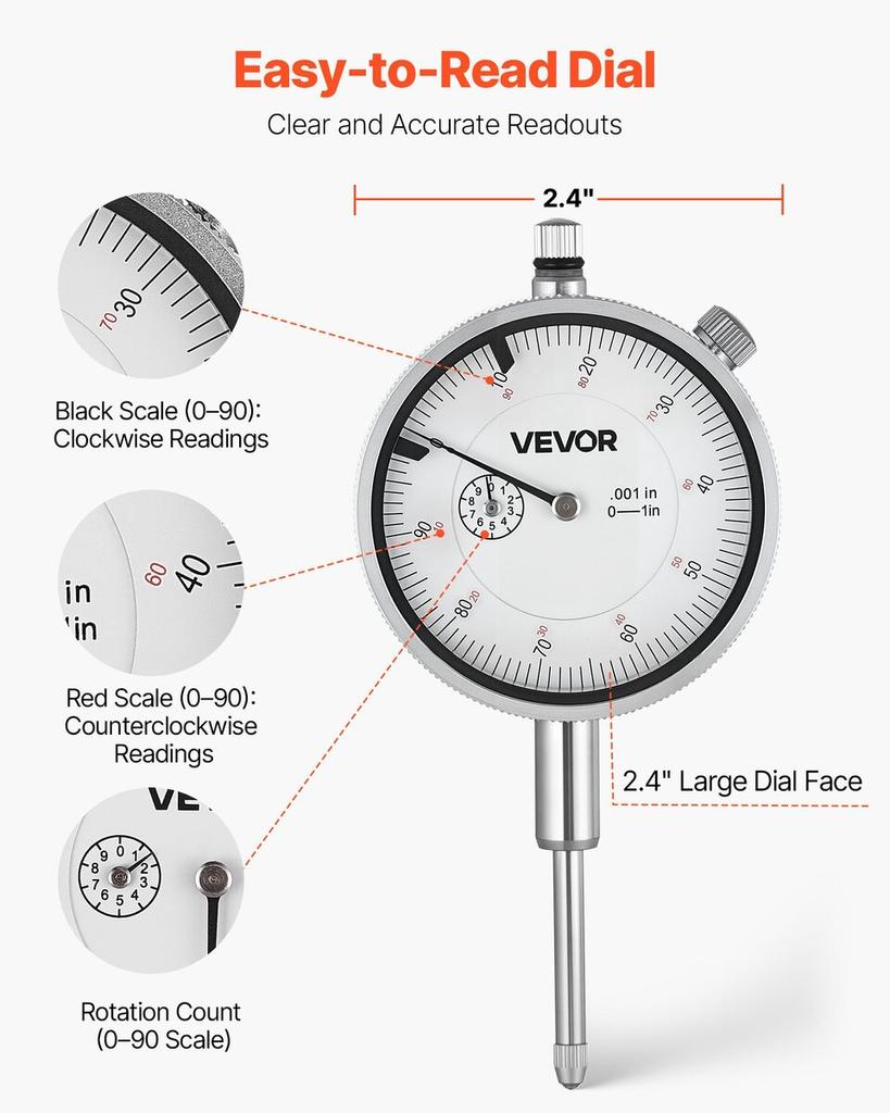 Dial Test Indicator with Metal Base, 0.03 Mm Accuracy, 0-25.4mm Range, Easy To Read Large Dial, Professional for Narrow Area Measurement, Industrial