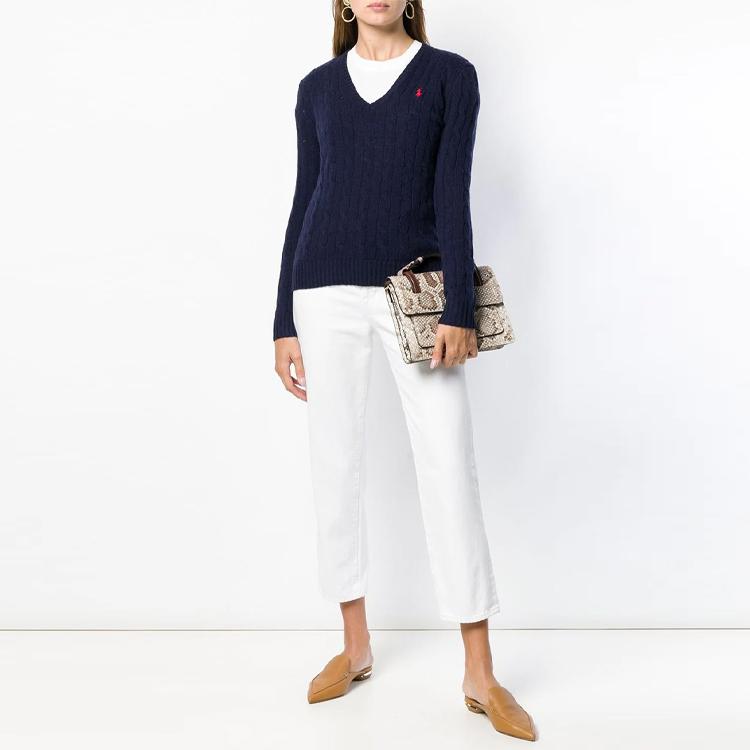 Polo Ralph Lauren FW21 Logo Solid V-Neck Knit Sweater Women Sweater Blue 211508656-009