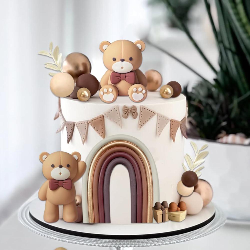 33pcs Bear Cake Topper Boho Rainbow Cake Decorations with Beige Brown Bears Pearl Balls Rainbow Cake Pick for Gender Reveal Wedding Birthday Party