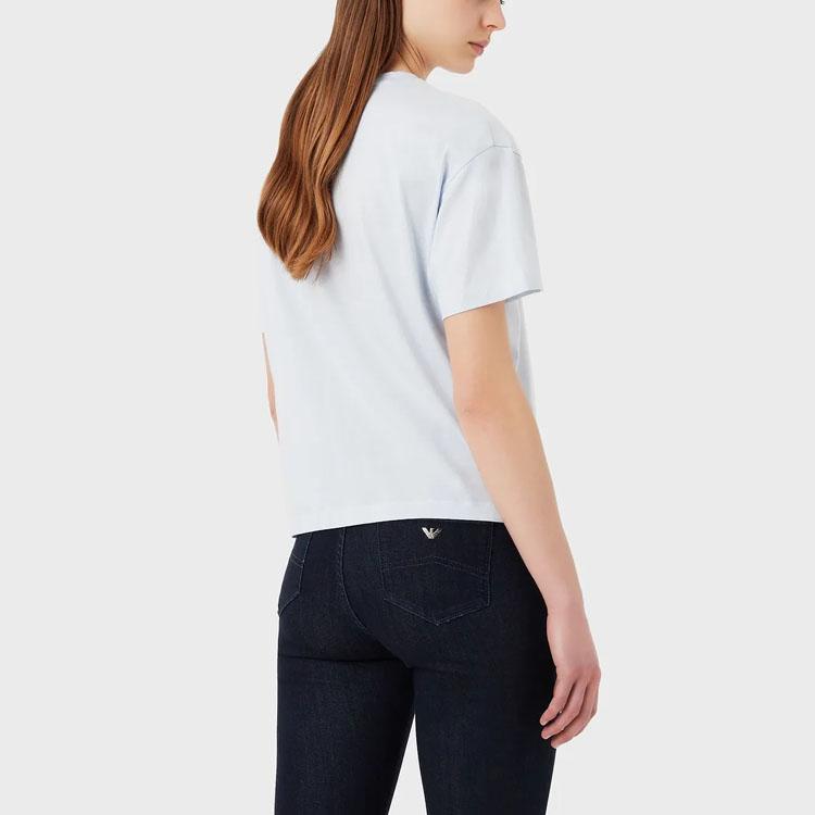 Emporio Armani Solid Color Letter Print Round Neck Short Sleeve T-Shirt Women Tops Blue 3R2T7Z2-JQ4Z1-0703