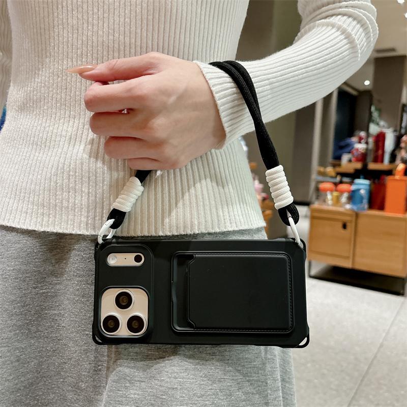 Short Rope Lanyard Phone Case For iPhone 17 Air 16 15 14 Plus 13 12 Mini 11 Pro Max X XR XS Max Card Clip Wallet Soft TPU Cover