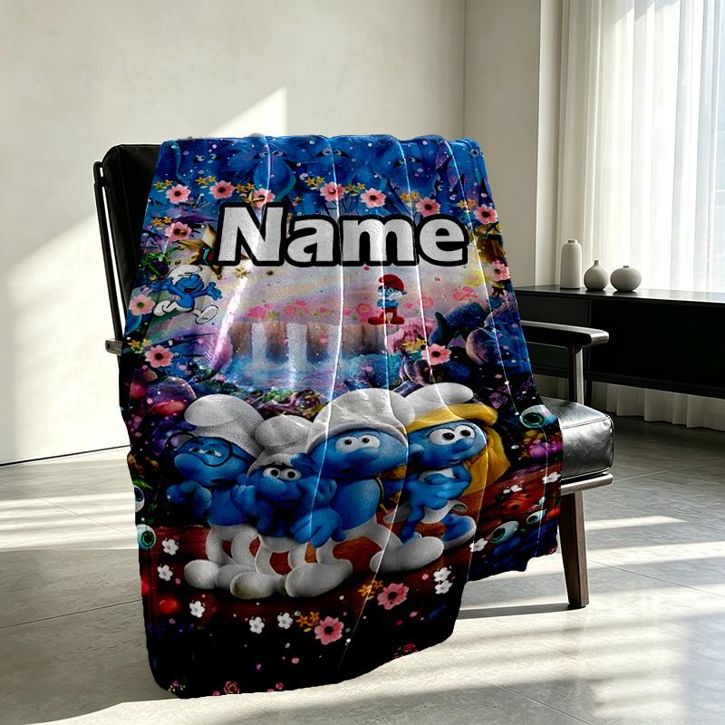 Custom Name Personalized Blue Smurfs Print Blanket, Home Decor, Bedroom, Sofa, Camping, Couch, Gifts for Birthday Christmas