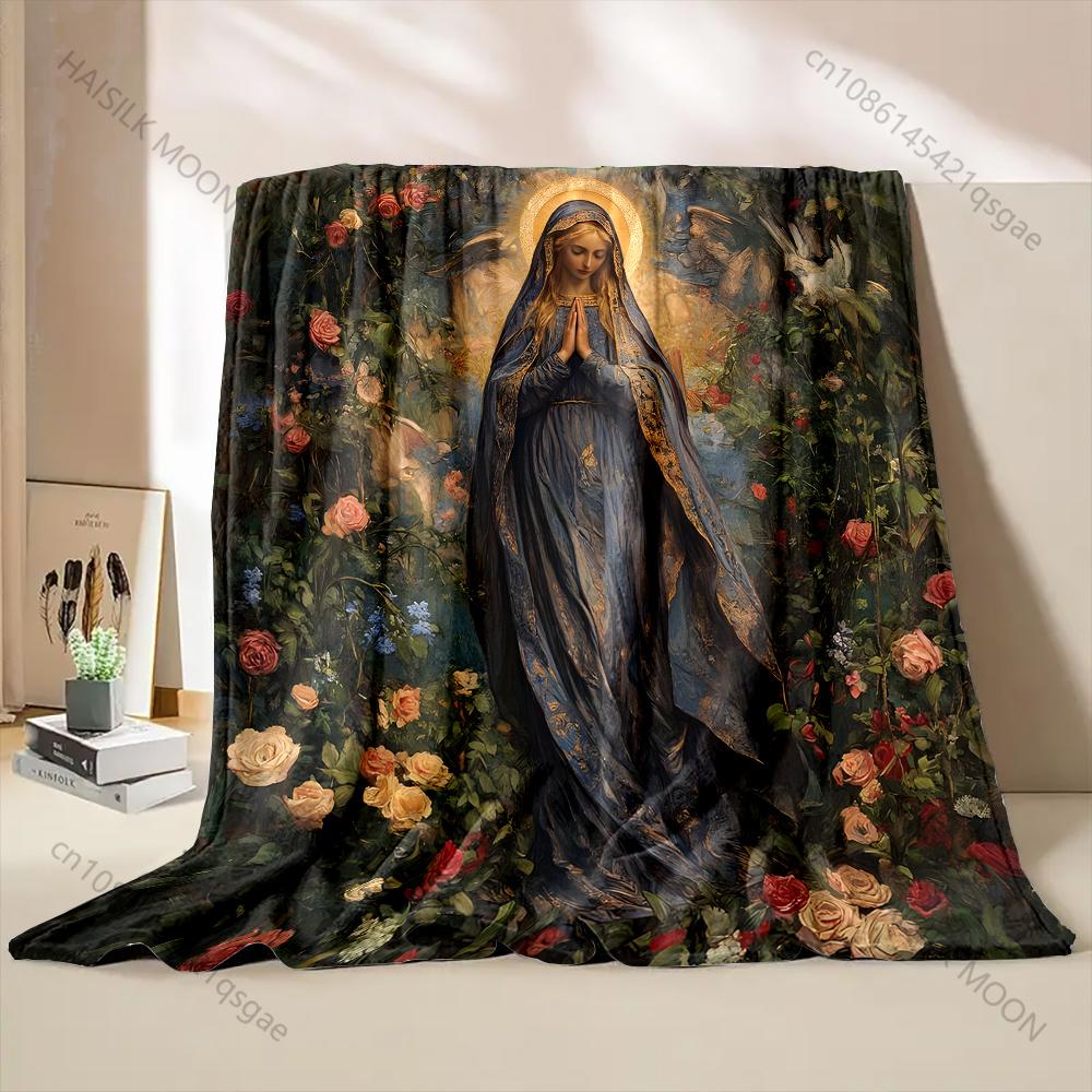 1PC Virgin praying surrounded by roses Print Blanket Warm Soft Fluffy Kids and Adult Sofa Bed Throw Blanket Travel Camping RV