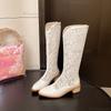 PU Leather Flower Hollow Out Thigh High Boots Breathable Ladies Summer Boots White Black Knee-High Botas Chunky Heeled