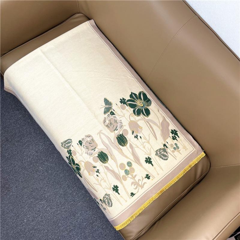 Trendy flower imitation cashmere scarf for women, double-sided long retro tassel warm shawl dual-purpose