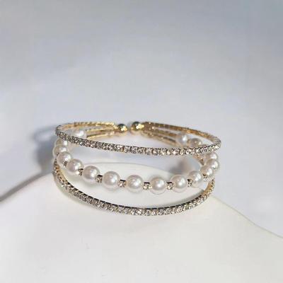 Light Luxury Rhinestone & Faux Pearl Triple-Layer Elastic Bracelet for Women