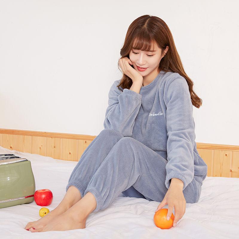 Herbst und Winter Gesichtstuch Aufwärmende Hosenanzug Damen Verdickt Hausanzug Korallenfleece Warm Locker Große Größe Pyjamas Hausanzug