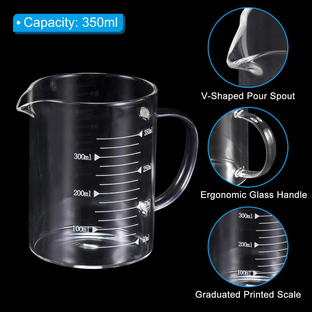 PATIKIL 350ml Glass Measuring Cup, 3.3 Borosilicate Glass Scale, White, Printed Scale, Liquid Measuring Cup, Beaker, with V-shaped Spout, for Kitchen