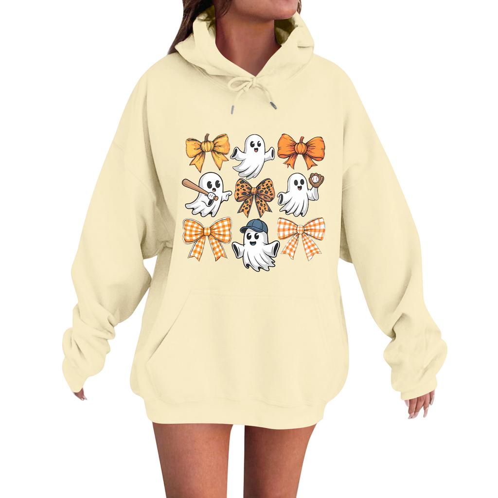 Women's Casual Fashion Comfortable Round Neck With Hood Long Sleeve Halloween Print Warm Sweatshirt
