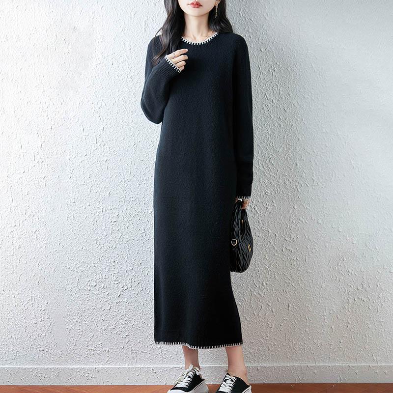 

Женское платье-свитер 100% шерсть MODERN NEW SAGA O-образный вырез трикотажный длинный пуловер зимние джемперы шерстяное длинное платье женское XL чёрный