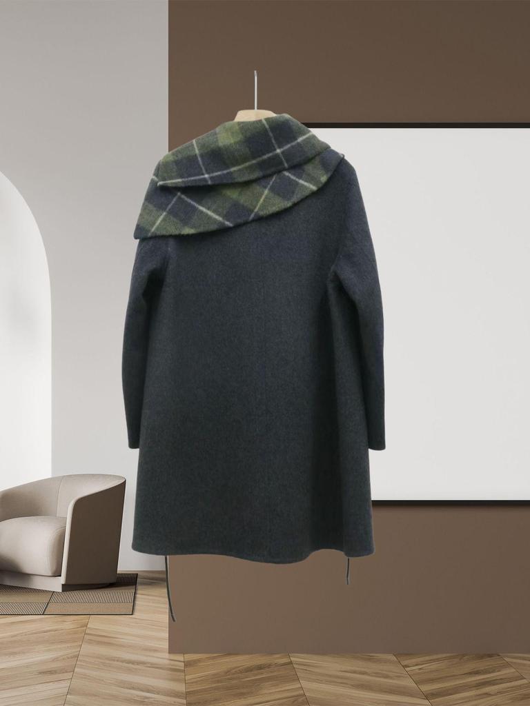 Women's Mid-Length Double-Faced Wool Coat with Detachable Plaid Collar and Tie-Waist
