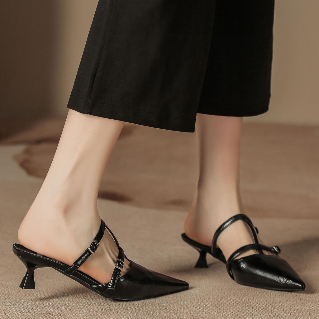 H113-1 high-quality soft leather high-heeled sandals half-bag head small fragrant temperament summer single shoes pointed stilettos children