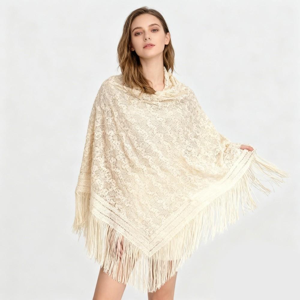 Versatile 140×140cm Lace Shawl Elegant Breathable Knitted Shawl Hollowed-out Design Tassel Shawl for Women