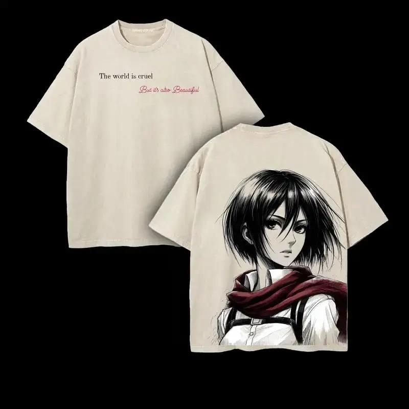 Mikasa Ackerman Print T-shirt Anime Attack On Titan Clothing Men Women Cotton Tshirts Retro Washed T Shirt Harajuku Male Tops