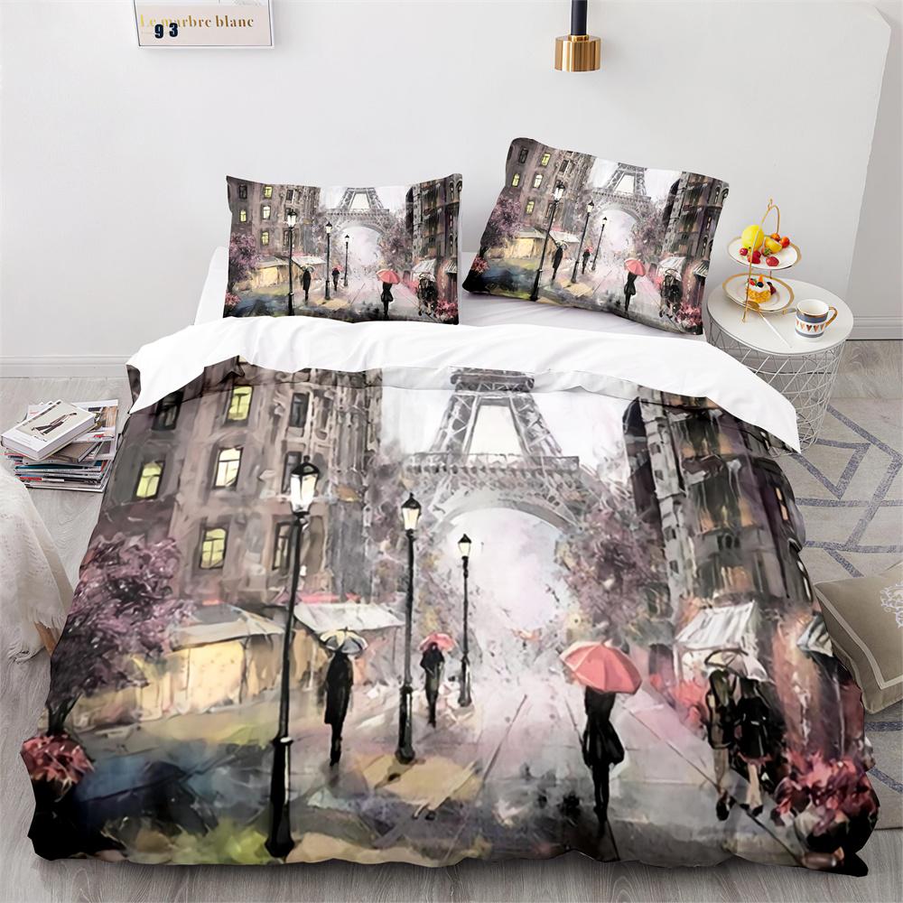 Paris Eiffel Tower Themed Couple Duvet Cover Set Cityscape Comforter Cover Romantic Polyester Bedspread Cover Pink Floral King