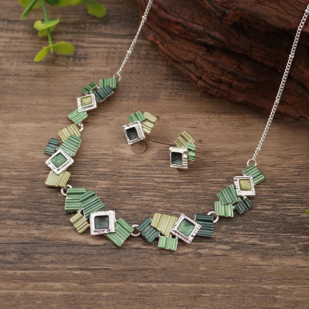 New Color Painting Oil Geometric Square Stud Earrings Necklace Set, Personalized Women's Square Neck Chain