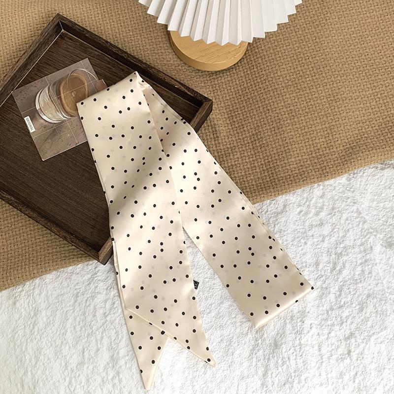 Polka dot silk scarf, long strip, high-end sense, summer retro binding, ribbon, streamer, multi-purpose, small scarf, headscarf, headband, belt.