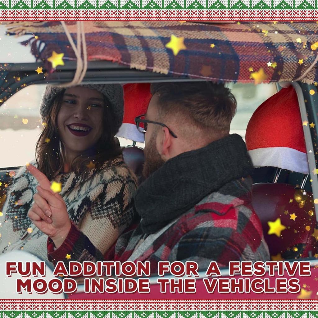 YIXIN 4-Piece Santa Claus Hat Car Seat Headrest Cover Cute Car Decoration Interior Accessories-Car Christmas Decorations-Functional Car Decoration,