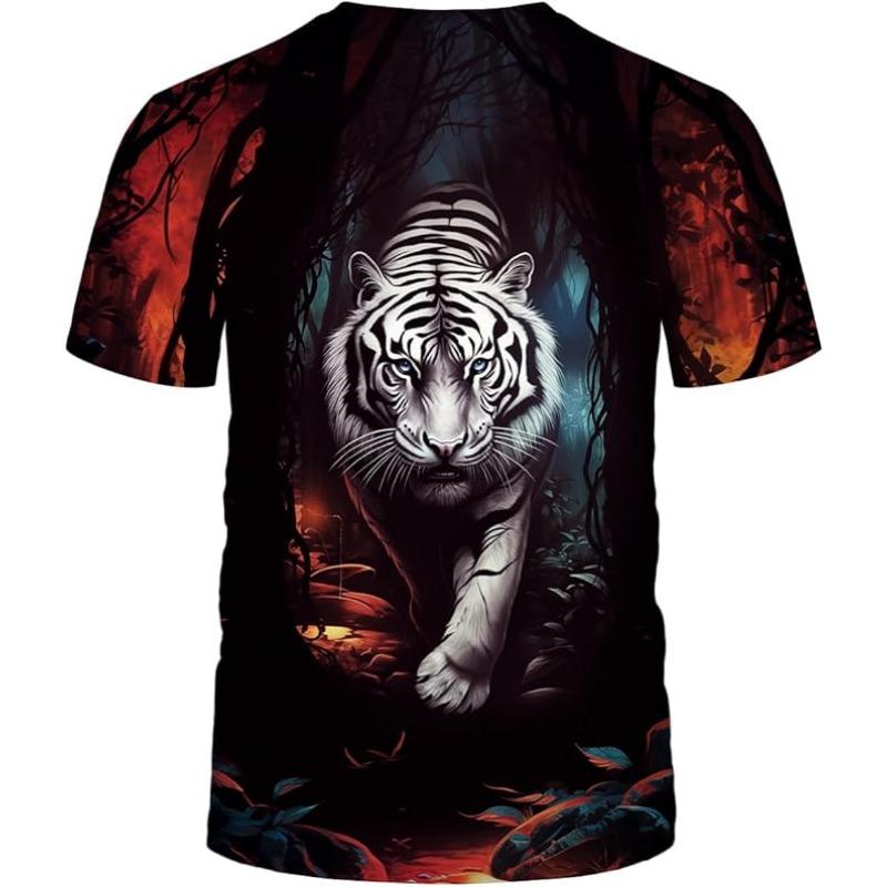 Men's Summer 3D T-shirt Fashionable Casual Loose Pattern Animal Tiger Print Round Neck Short Sleeved T-shirt Top