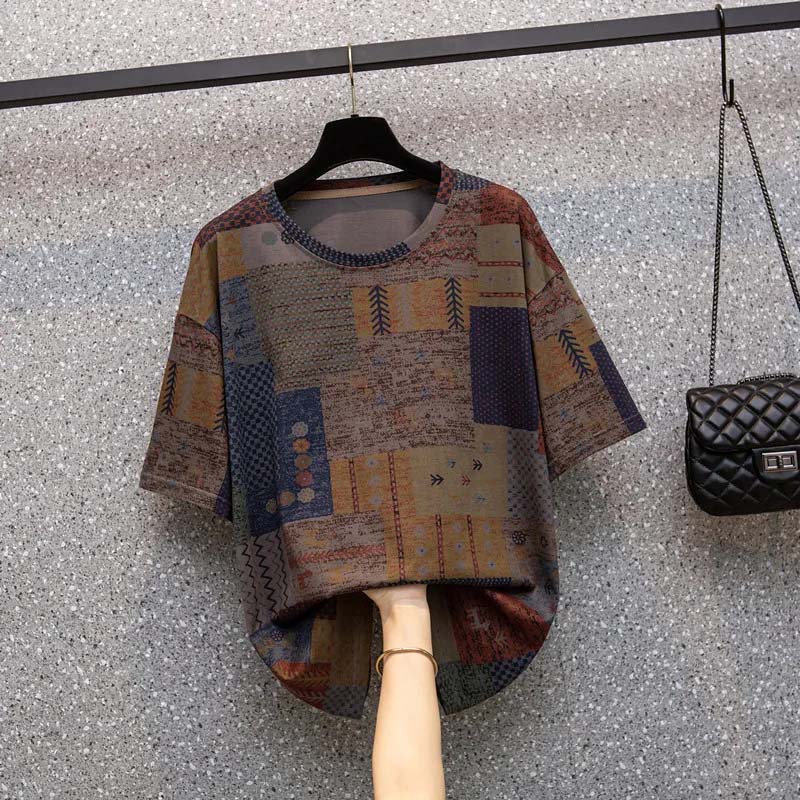 T-shirt Cotton Large Size Women Summer Loose Round Neck Pullover Bottoming Shirt Short-sleeved Tops