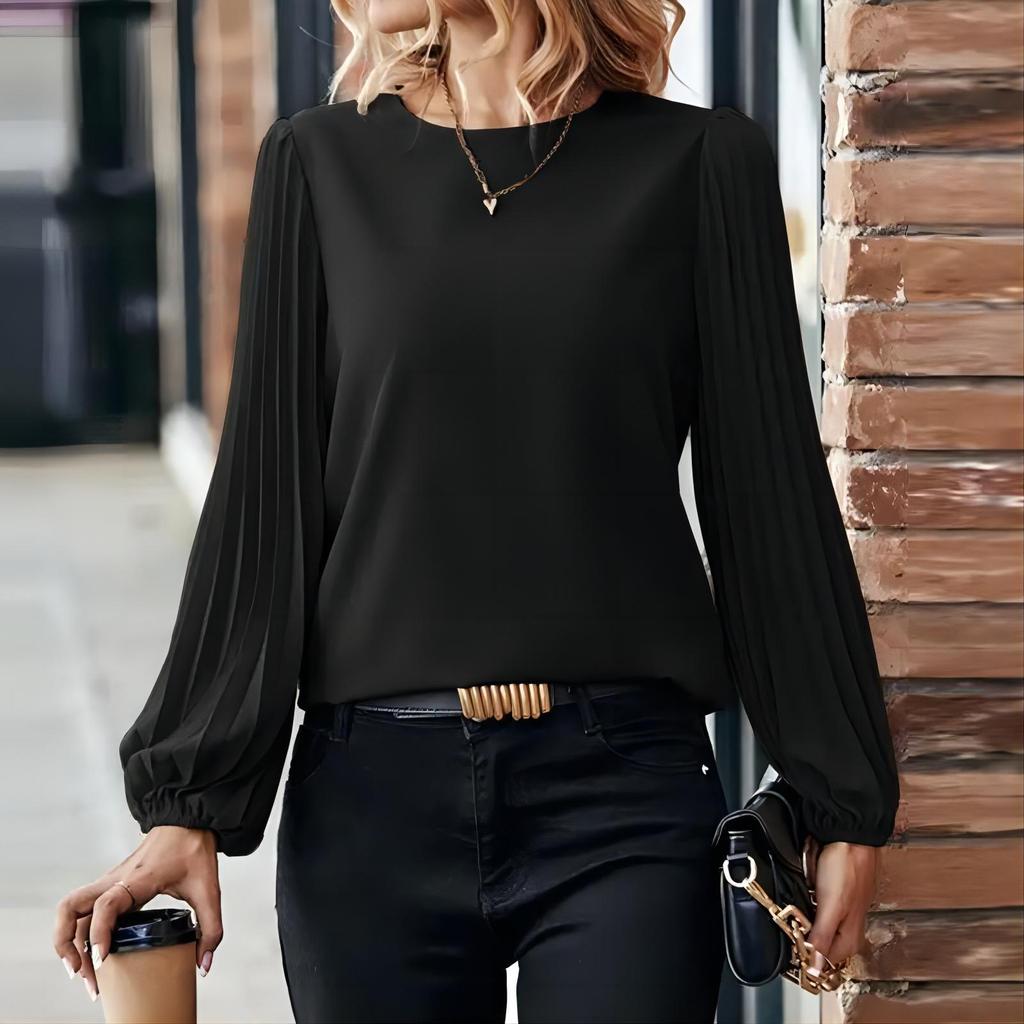 2024 Spring & Autumn Women's Retro Pleated Long-Sleeve Round Neck Shirt - Casual Solid Color Top