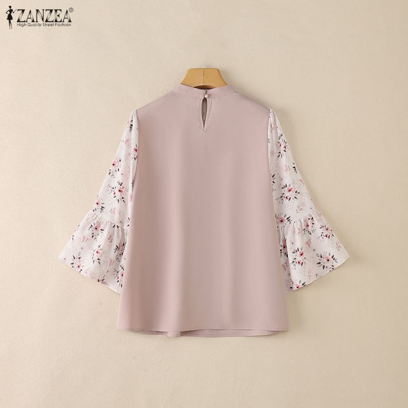 ZANZEA Women Casual Floral Print Splice 3/4 Sleeve Loose Blouse