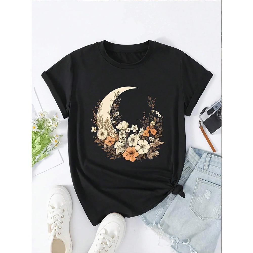

Womens T-Shirt Flowers Moon Printing Short Sleeve Breathable Summer Street Tees Tops Clothes 2XL