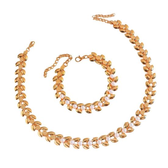 2Pcs/Set Women Necklace Bracelet Faux Pearl Decor Geometric Design Adjustable Length Rose Golden Necklace Wristband Set
