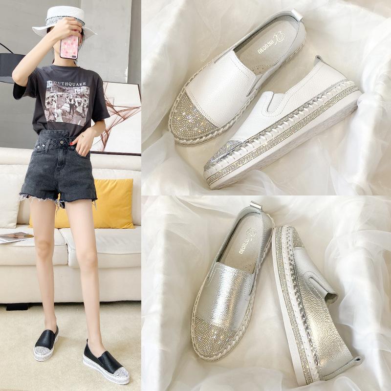 Fashion Women Platform Flats shoes Casual female Genuine Leather Walking flats Loafers for women White crystal Comfort Vacation shoes