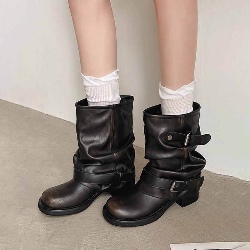 Vintage inner heightening trouser boots pleated western cowboy boots round head thick heel short knight boots