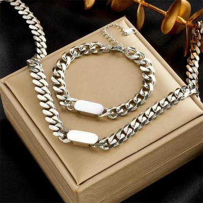 Stainless Steel Geometric Cube Necklace & Bracelet Set - Unisex Titanium Clavicle Chain