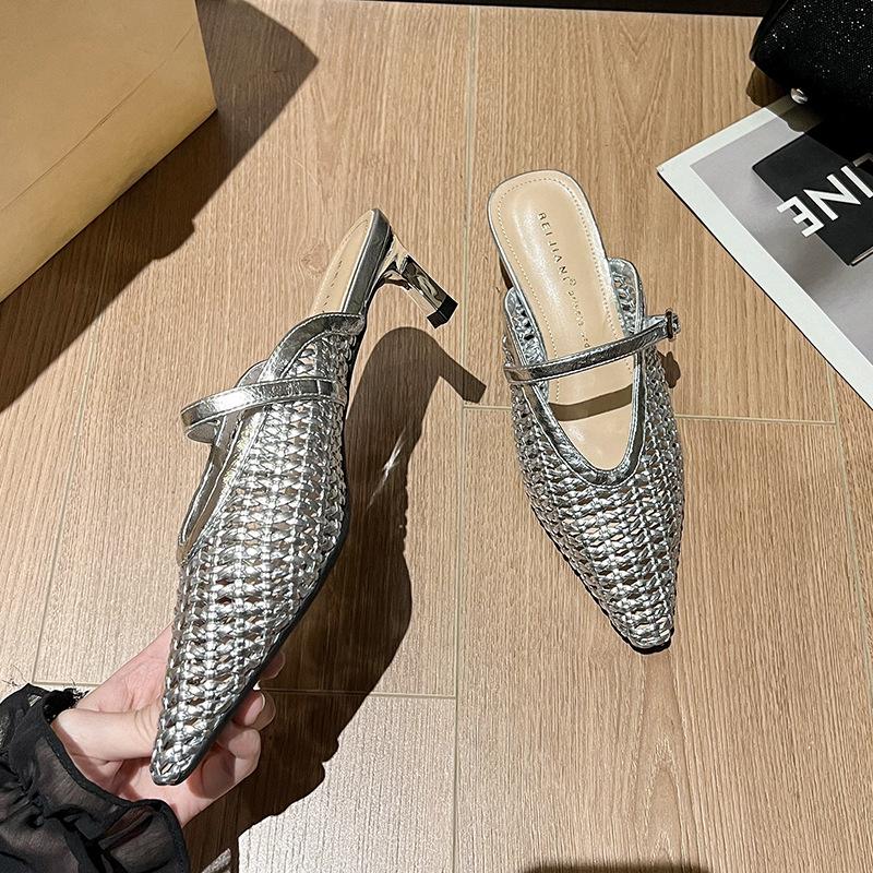Fashion Women's French Retro Woven Pointed Toe Mid Heel Mule Sandals Slip On High Heel Slippers